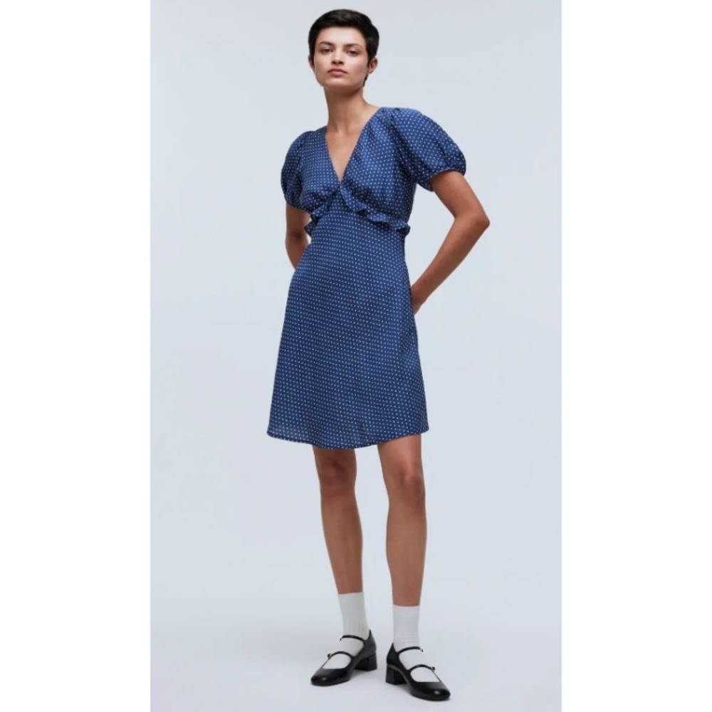 Madewell Puff Sleeve‎ Mini Dress Blue White Polka Dot V-Neck Women's Size 4